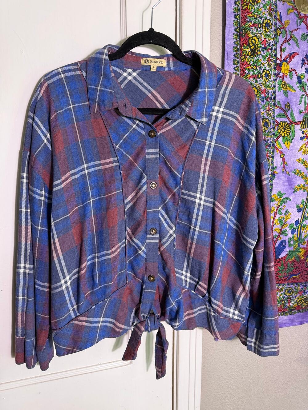 Democracy Womens Large Blue Red Purple Plaid Top Blouse 50/50 Rayon Acrylic